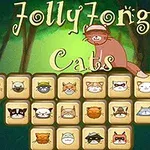 Ilustracja przedstawia różne ikony kotów na kwadratowych przyciskach z kotem obserwującym z góry, na tle leśnym z napisem Jolly Jong Cats