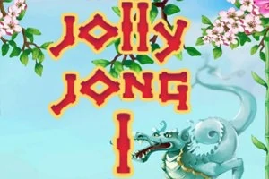 Napis Jolly Jong I w czerwono-żółtej czcionce na tle kwitnących gałęzi i niebieskiego smoka