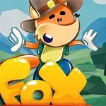 Lis w kapeluszu unosi łapy nad napisem Fox na tle zielonych wzgórz