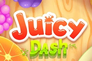 Napis Juicy Dash w kolorowej, owocowej grafice z pomarańczowym tłem i elementami owoców wokół