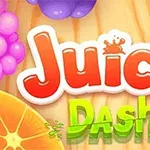 Napis Juicy Dash w kolorowej, owocowej grafice z pomarańczowym tłem i elementami owoców wokół