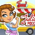 Kobieta z fryzurą retro na tle żółtej ciężarówki z jedzeniem i kolorowymi parasolami, obok logo Julias Food Truck z burgerem i frytkami