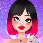 Postać z czarnymi i różowymi włosami na tle fioletowych świateł, z zadbanymi paznokciami i makijażem