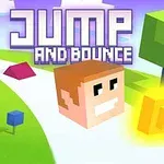 Postać z kwadratową głową biegnąca po zakrzywionej ścieżce, zbierająca złote monety, z napisem Jump and Bounce u góry