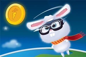 Pluszowy królik w okularach i czerwonym szaliku skacze w stronę złotej monety z symbolem marchewki na tle nocnego nieba