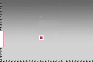 Szare tło z różowym kwadratem pośrodku i rzędami czarnych kolców po lewej i na dole