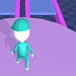 Postać w zielonym stroju i czapce stoi na różowej powierzchni z dwoma niebieskimi platformami na tle