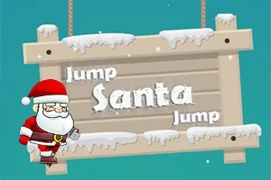 Mikołaj z brodą i czapce świątecznej obok drewnianej tabliczki pokrytej śniegiem z napisem Jump Santa Jump na zimowym tle