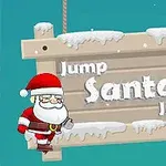Mikołaj z brodą i czapce świątecznej obok drewnianej tabliczki pokrytej śniegiem z napisem Jump Santa Jump na zimowym tle