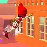 Postać w czerwonej czapce i paskowanej odzieży leci w stronę pomarańczowej ściany z oknami na tle pastelowego krajobrazu