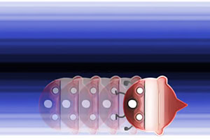 Czerwony stworek z kropkami w ruchu na tle gradientu od niebieskiego do białego