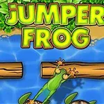 Zielona żaba skacząca na kłodę na rzece, z liśćmi i ziemią w tle oraz zielonym napisem Jumper Frog u góry