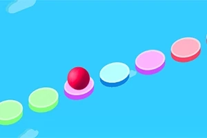 Czerwone kulka na kolorowych, okrągłych platformach na niebieskim tle