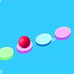 Czerwone kulka na kolorowych, okrągłych platformach na niebieskim tle