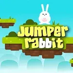 Biały królik siedzi na zielonej platformie z trawą, z napisem Jumper Rabbit, w tle błękitne niebo i czerwone ptaki
