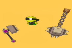 Żółta postać z opaską na oczach między dwoma dużymi młotami z kolcami na pomarańczowym tle