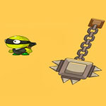 Żółta postać z opaską na oczach między dwoma dużymi młotami z kolcami na pomarańczowym tle