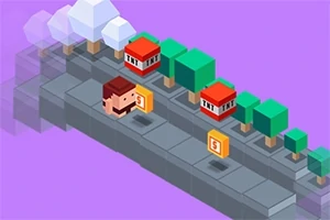 Pikselowa postać na wirtualnym chodniku w otoczeniu drzew i domków, z monetami na drodze