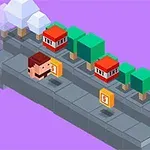 Pikselowa postać na wirtualnym chodniku w otoczeniu drzew i domków, z monetami na drodze