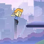 Postać z blond włosami, skacząca w powietrzu na tle pastelowego miasta