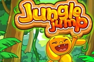 Żółta, uśmiechnięta postać skacząca w dżungli z napisem Jungle Jump w tle