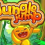 Żółta, uśmiechnięta postać skacząca w dżungli z napisem Jungle Jump w tle
