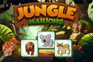 Kolorowa ilustracja z napisem Jungle Mahjong na tle dżungli z wizerunkami zwierząt, takich jak koala, ryś, i inne