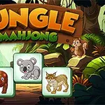 Kolorowa ilustracja z napisem Jungle Mahjong na tle dżungli z wizerunkami zwierząt, takich jak koala, ryś, i inne