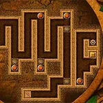 Labirynt z drewnianymi ścieżkami i przyciskami w okrągłej ramce, z motywem roślinnym na krawędziach