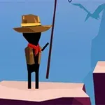 Czarny postać w kapeluszu i czerwonym szaliku stoi na klifie z długim kijem, z niebieskim niebem oraz sylwetką pterodaktyla w tle