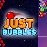 Kolorowe kulki w rzędzie, z wyróżniającym się logo z napisem Just Bubbles po lewej stronie