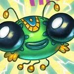 Zielony, uśmiechnięty stworek z dużymi oczami i pomarańczowymi akcentami na promienistym tle