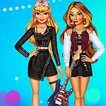 Dwie stylowe postacie kobiece w ubraniach z motywem rockowym na niebieskim tle z kolorowymi kółkami