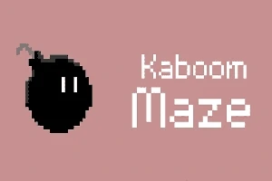 Czarna, pikselowa bomba z lontem na różowym tle, obok napis Kaboom Maze w białej czcionce