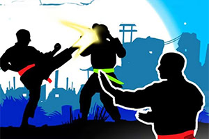 Trzy sylwetki wojowników sztuk walki w dynamicznych pozach z kolorowymi pasami na tle niebieskiego krajobrazu miejskiego