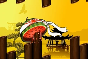 Arbuz przecięty na pół z sokiem wytryskującym z niego, w tle sylwetki drzew i pagody na tle żółtego nieba