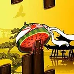 Arbuz przecięty na pół z sokiem wytryskującym z niego, w tle sylwetki drzew i pagody na tle żółtego nieba