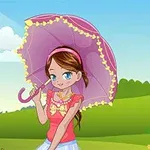 Dziewczyna z brązowymi włosami trzyma różowy parasol na tle zielonego krajobrazu z błękitnym niebem