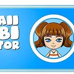 Niebieskie tło z napisem Kawaii Chibi Creator oraz ilustracją chibi dziewczyny z brązowymi włosami w dwóch kucykach