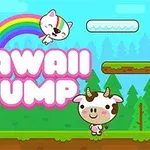 Kolorowa grafika z napisem Kawaii Jump, przedstawiająca uśmiechnięte postacie: kociaka z tęczą, różową galaretkę i krówkę na tle niebieskiego nieba i zielonego lasu