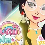 Kawaii styl graficzny z postacią w okularach, tęczowym napisem i elementami pastelowymi