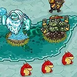 Fantastyczne stwory na lodowej planszy, w tym lodowy olbrzym, czarne postacie z różdżkami oraz czerwone smoki