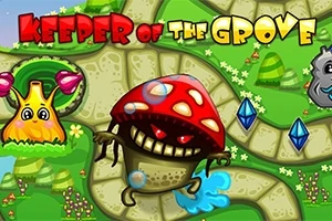 Kolorowa grafika przedstawiająca uśmiechniętego potwora z czerwonym kapeluszem grzyba, otoczonego kryształami i fantazyjną roślinnością