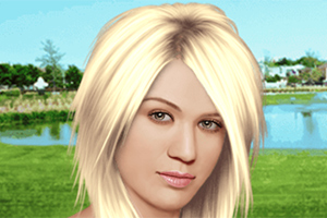 Blondynka o jasnych włosach stoi na tle zielonego krajobrazu z jeziorem i drzewami