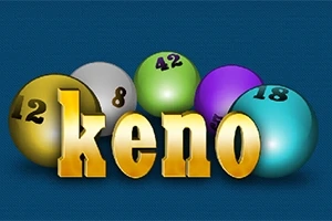 Kolorowe kule z numerami 12, 8, 42, 18 oraz duży złoty napis keno na ciemnoniebieskim tle