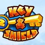 Kolorowe logo z napisem Key & Shield z dużym kluczem w tle na jasnym, niebieskim tle