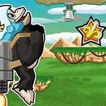 Czarny goryl w niebieskim kasku z plecakiem odrzutowym leci między skalnymi ścianami zbierając żółte gwiazdki