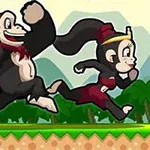 Dwie animowane małpy biegnące po trawie, z koronami na głowach i w czerwonych ubraniach, na tle gór i lasu