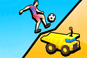 Piłkarz w niebiesko-czerwonym stroju kopiący piłkę obok żółtej ciężarówki z antenką na tle niebieskiego i pomarańczowego gradientu