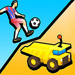 Piłkarz w niebiesko-czerwonym stroju kopiący piłkę obok żółtej ciężarówki z antenką na tle niebieskiego i pomarańczowego gradientu